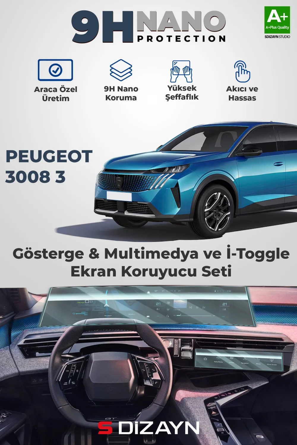 Drs Tuning Peugeot 3008 3 21 İnç 9H Nano Kavisli Ekran ve İ-Toggle Ekran Koruyucu (PARLAK) 2024 Üzeri A+ Kalite